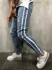 Män Hole Jeans 2018 Höst Vår Vit Striped Pleated Fake Zippers Skinny Mid-Waist Full Length Denim Pencil Jeans Man