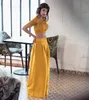 Jaune Deux Pièces Robes De Bal Dentelle Appliques Haut Court Avec Satin Longue Jupe Élégante Manches Courtes Robe De Soirée Femmes Robes De Soirée