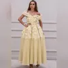 サウジスタイリッシュなシフォンウエディングドレス3D花のアップリケオフショルダーノースリーブのヴェスティドデフィエスタセクシーな足首長さパーティードレスイブニングドレス