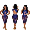 Zomer Dames Kant Hol Bandage Bodycon Jurk Sexy Mouwloze Blue Party Club Midi Vestidos S-XL