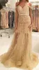 Elegant Off Shoulder Gold Evening Dresses Beads Illusion Saudi Arabia Vestidos De Festa Long Party Dress Prom Formal Pageant Celebrity Gowns