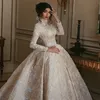 Fashion Saudi Arabia Wedding Dress High Neck Long Sleeves Beads Lace Ball Gown Bridal Dress Glamorous Chapel Train Wedding Dresses Plus Size