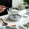 Ensemble de vaisselle japonaise de forme octogonale, plateau de service en porcelaine bleue et blanche, assiettes à dîner, bols à riz, plats à sauce, tasses à thé