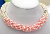 Lustre 10strängige barocke Halskette aus weißen Süßwasserperlen und rosa Korallen