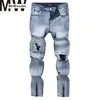 Mrwonder Men Fashion Hardwearing Long Denim Pants Broken Hole Straight Jeans with Zipper Trim