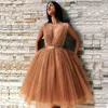 Charming Short Prom Dresses Deep V Neck Sleeveless Ruched Pleated Tulle Under Knee Length Evening Party Gowns with Sash Appliques