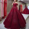 Charming Dark-Red Evening Dresses Off Shoulder Appliques Beaded Lace Ball Gown Prom Dress Glamorous Dubai Evening Gowns Red Carpet Dress