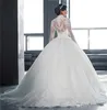 High Neck Lace Ball Gown Wedding Dresses Vintage Royal Long Sleeves Tulle Applique Sweep Train Bridal Gowns With Buttons BA3955