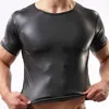 mens sexy faux leather t shirts Male fashion Men black nylon Tees tight shirts Gay Funny Undershirts Dancewear corset clothing