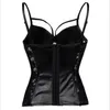 Dames Zwart Kunstleer Corset Transparante Kant Patchwork Bustier Sexy Spaghetti Rands Verstelbare Body Shaper Corselet