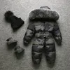 2018 Vinter Baby Romper Camouflage Jumpsuit Toddler Boys Flickor Overaller Duck Down Jumpsuits Hooded Real Pur Collar OuterWear Kids Snowsuit