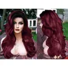 Lado Parte Longa Onda Do Corpo Raízes Escuras Ombre 99J Red Wigs Resistente Ao Calor Do Cabelo Rendas Dianteiras Do Laço Sintético com o Cabelo Do Bebê