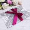 Elegant Silver Glitter Laser Cut Invitation Cards With Burgundy Ribbons For Wedding Bridal Shower Engagement Birthday Graduation business