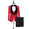 Tuxedos de mariage rouge Paisley pour hommes, excellent smoking de marié, revers en velours noir, ventilation latérale, dîner d'affaires, blazer de bal (veste + pantalon + cravate + gilet) 9