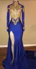 Arabiska High Neck Prom Klänningar Guld Appliques Mermaid Vintage Långärmade Sexiga High Split Black Girls Evening Gowns