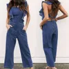 Nuove donne salta per la tuta jeans arruffone in denim blu allacciato su per pantaloni a gamba larga pantaloni per pantaloni di alta moda