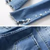 YNZZU 2018 Herbst Dünne Perle Perlen Jeans Frauen Blau Mittlere Taille Zipper Denim Bleistift Hosen Casual Hosen für Frauen YB212