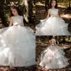 Robes De Filles De Fleur Pour Les Mariages Sheer Jewel Cou Dentelle Applique Grand Arc Balayage Train Tulle Anniversaire Enfants Pageant Robes