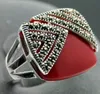 Nobre vermelho esculpido laca marcasite 925 prata esterlina anel quadrado #7-10 brincos pandent jóias sets302w
