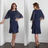 Cheap Dark Navy Mother Of The Bride Dresses Knee Length Jewel Neck Half Sleeves Tiers Ruffles Plus Size Wedding Guest Dress