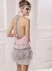 Vintage Great Gatsby Pink Hoher Hals kurzer Cocktailkleider mit federbrauner perlenloser Prom Party Anlass Kleider1520831