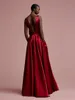 Aso Ebi Rose Red Longos Vestidos de Noite Bolsos Nigeriano Sexy Backless Vestidos de Noite 2018 Arco Profundo Decote Em V Africano Vestido Formal Vai