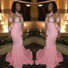 Vendita calda Sheer maniche lunghe Prom Dresses African Blacks Collo alto Sheer Appliqued Abiti da sera rosa Illusion Corpetto Party Wears