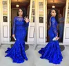 2018 Lindo Azul Royal Sereia Vestidos de Baile para Menina Negra Frisada Lantejoulas Mangas Compridas Cansado Ruffled Prom Vestidos Mulheres Vestido de Festa À Noite