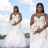 Plus Size Crystals Beaded Nigerian African Mermaid Wedding Dresses Gown Sweetheart Strapless Lace Applique Beading Bling Bride Dre249s