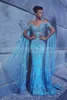 Sky Blue Evening Dresses New Luxury Mermaid Cap Wrap ärmar Lace Applicants Crystal Pärled With Cape Flowers Blue Formal Prom Bowns