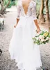 Böhmisches Chiffon-Spitzen-Hochzeitskleid, sexy V-Ausschnitt, 3/4 lange Ärmel, V-Ausschnitt, lange Brautkleider, Brautkleider, Übergröße