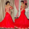 Gorgeous Red Mermaid Backless Evening Dresses Off Shoulder Long Sleeves Beaded Prom Gowns Vestidos De Fiesta Lace Appliqued Formal Dress