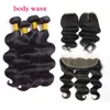 Cheveux vierges brésiliens 4 faisceaux avec fermeture frontale en dentelle Cheveux raides Kinky Curly Body Deep Wave Bundles de cheveux péruviens avec fermeture