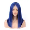 Blå Human Hair Wigs Blue Hair Full Lace Paryker Blå Front Lace Glödlösa Paryk Peruanska Virgin Hair