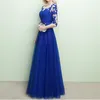 Elegant Blue Mother of the Bride Dresses Long Evening Dress Scoop Sheer with Floral Lace Half Sleeves Floor Length Prom Gowns