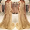 Elegant Off Shoulder Gold Evening Dresses Beads Illusion Saudi Arabia Vestidos De Festa Long Party Dress Prom Formal Pageant Celebrity Gowns