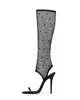 2018 Black Lace Mesh Glatiator Sandali Stivali Peep Toe Cut-out di cristallo al ginocchio sandali alti stivali tacchi sottili scarpe vestito estivo nave libera