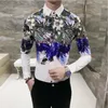 Men's printed lapel long-sleeved shirt, trend hair stylist clothing men's nightclub performance overalls S-3XL