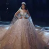 Luxus Lange Ärmel Ballkleid Brautkleider Perlen 3D Blumenapplikationen Saudi-Arabien Spitze Brautkleider 2021 Plus Size Hochzeitskleid