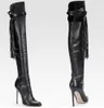Bottes Femmes 2018 Fashion Women Shoes Stiletto High Heel Fringe Booties Pointed Toe Buckle Strap Black Leather Knee High Boots