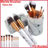 Juego de 10 brochas de maquillaje de mármol con cubo de PU, colorete en polvo, delineador de ojos, resaltador, corrector, base de contorno, juego de brochas de maquillaje