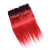 Wefts T1B Red Dark Root Ombre Peruvian Human Hair Weaves 3 Bundles with Closure Straight Ombre Red Bundle Deals with Lace Front Closure