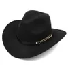 Mode Mew Femmes Laine Mélange Western Cowboy Cap Église Chapeau En Plein Air Large Bord Sombrero Parrain Cap Bande De Cuir avec Chaîne En Métal