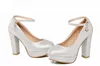 Silver platform chunky heel ankle strap wedding shoes glitter pumps bridesmaid party prom wear big size 34 to 40 41 42