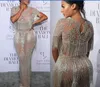 Vestido de noite Yousef Aljasmi Kim Kardashian Puffy manga O-pescoço com miçangas com miçangas vestido longo Almoda Gianninaazar Zuhlair Murad Ziadnakad