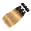 İpeksi Düz Renkli Brezilyalı Saç Ombre İnsan Saç T1b 27 Koyu Kök Bal Sarışın Uzantıları Ombre Saç 3 Demetleri ile Dantel Kapatma