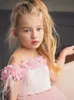 Omuz Kapalı Pembe Çiçek Kız Elbise Sheer Boyun Tüy Tül Saten Ayak Bileği Uzunluğu Prenses Çocuk Doğum Günü Düğün Parti Elbiseler