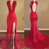 Plunging V Neck Mermaid Prom Dresses Red Sexy Side Slit Lace Appliqued Long Evening Gowns African Sexy Open Backless Party Dress Cheap