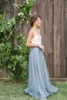 Vintage Two Tone Bridesmaid Dresses Country Wedding Maid of Honor Dresses Scoop Neck A Line White and Dusty Blue Tulle Long Formal Gowns