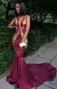 Africa Sexy Grape Evening Dresses Deep V-Neck Sleeveless Prom Gowns With Gold Applique Mermaid Style Sweep Train Custom Made Formal Gowns